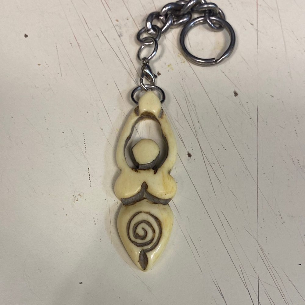 Goddess Cream and Silver Keychain with Spiral Design